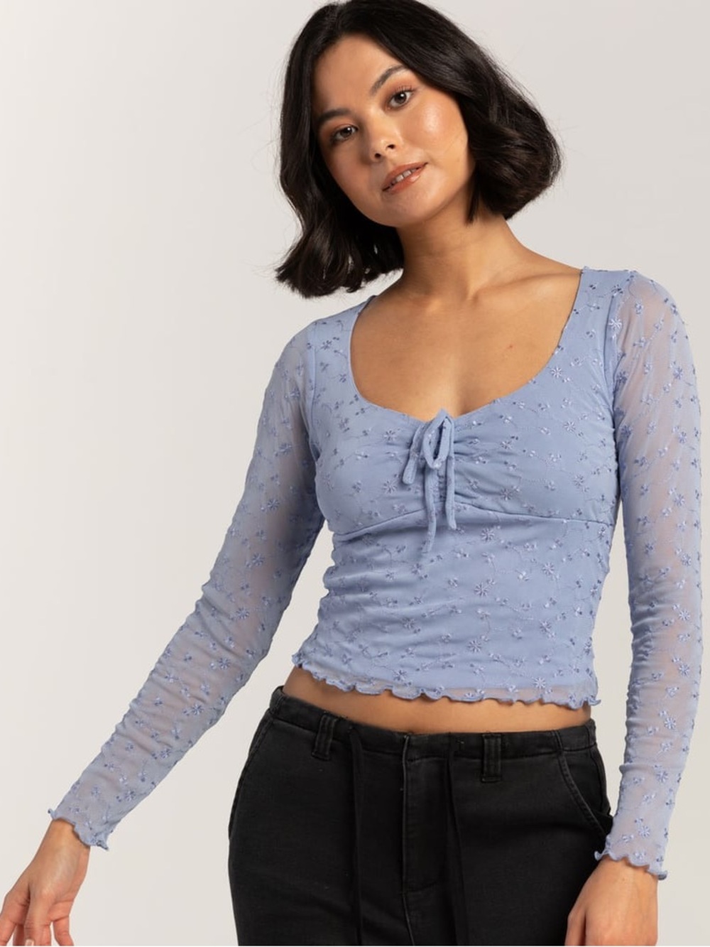 Tilly’s Full Tilt Blue Floral Mesh Long Sleeve